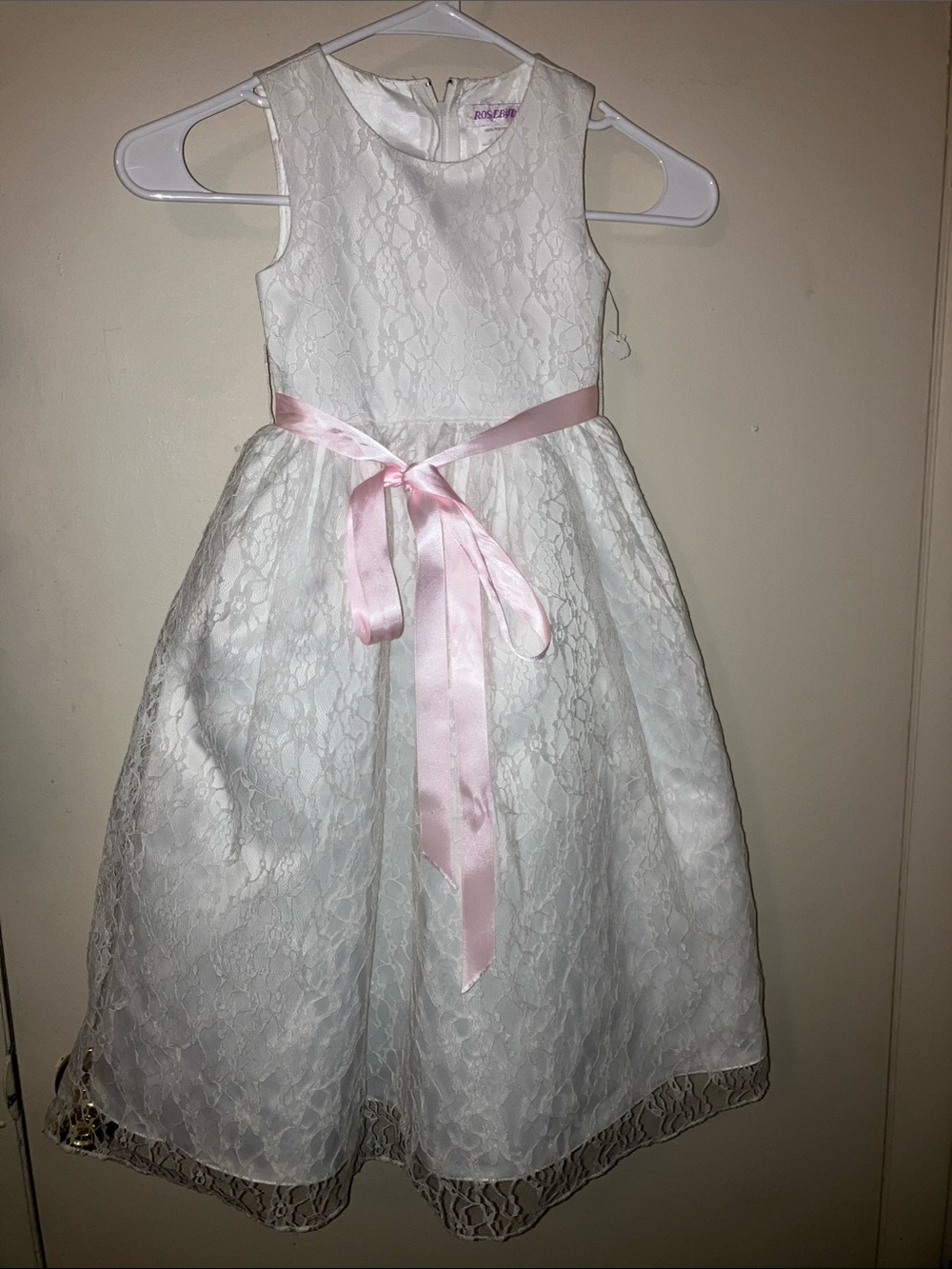 Rosebud Ivory Lace Dress with Pink Satin Waist Ribbon Size 2
